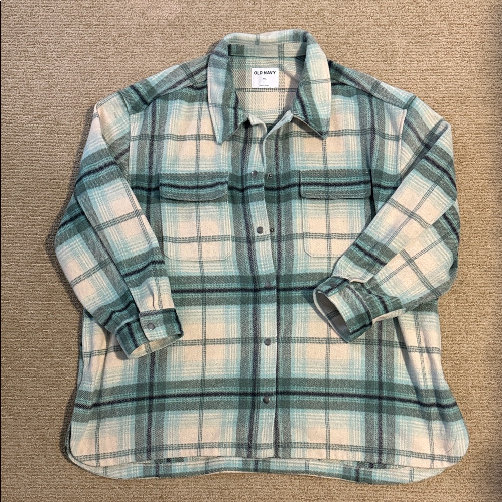 Old Navy Teal and Cream Checkered Shirt Jacket